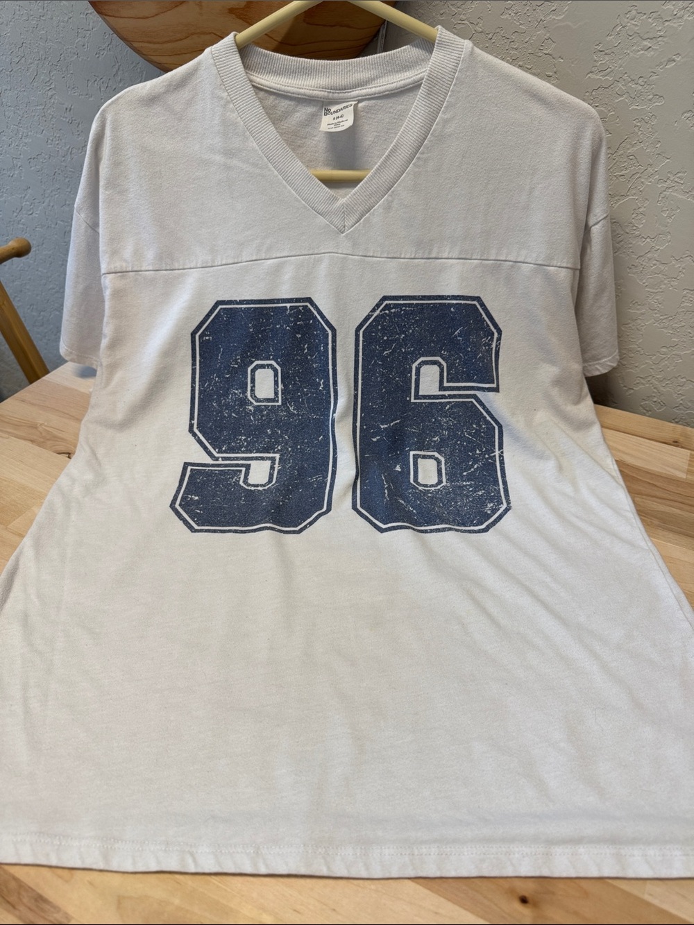 Fits like a large!! V-Neck Graphic Tee with Navy '96'